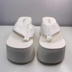 white chunky platform thong sandals, size 6.5 / 37